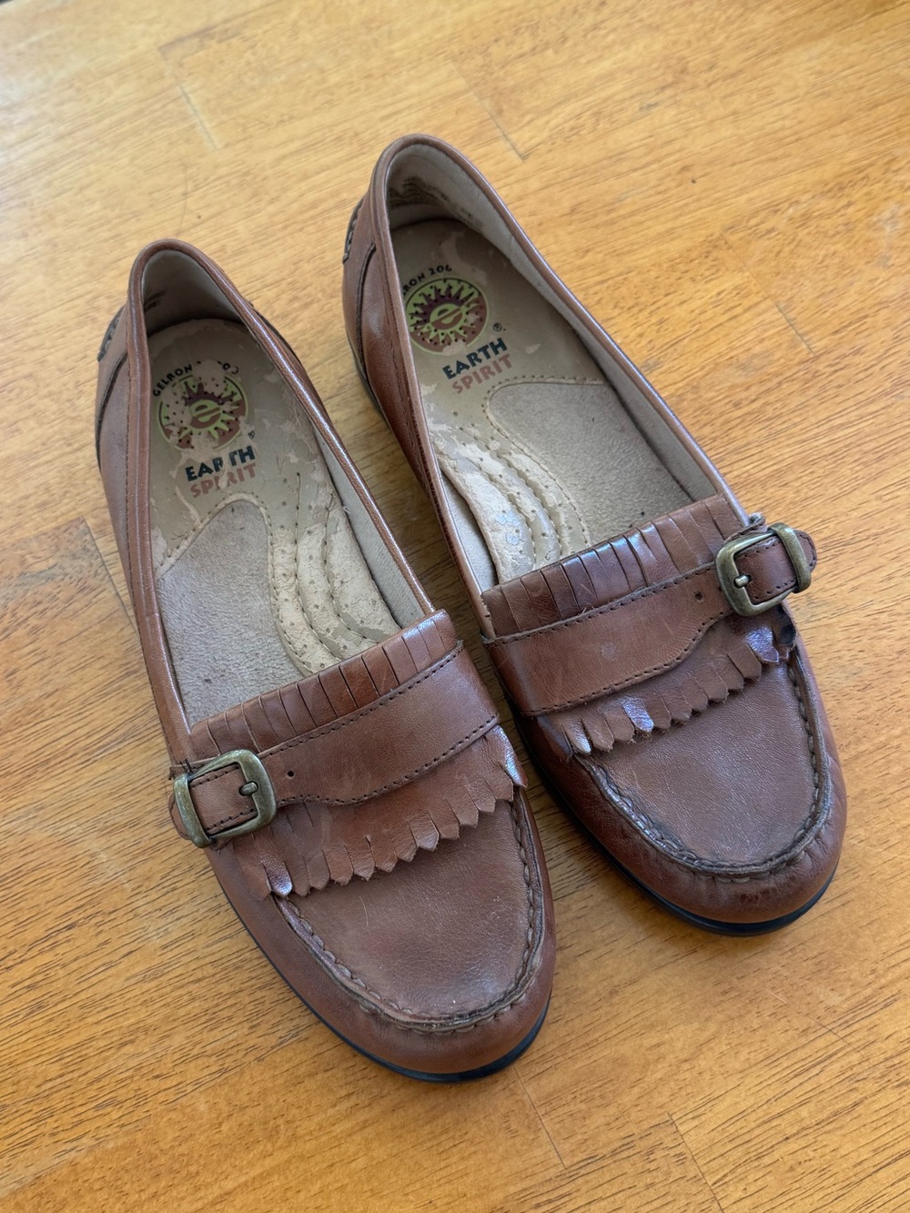 Earth Spirit Brown Leather Fringe Buckle Loafers